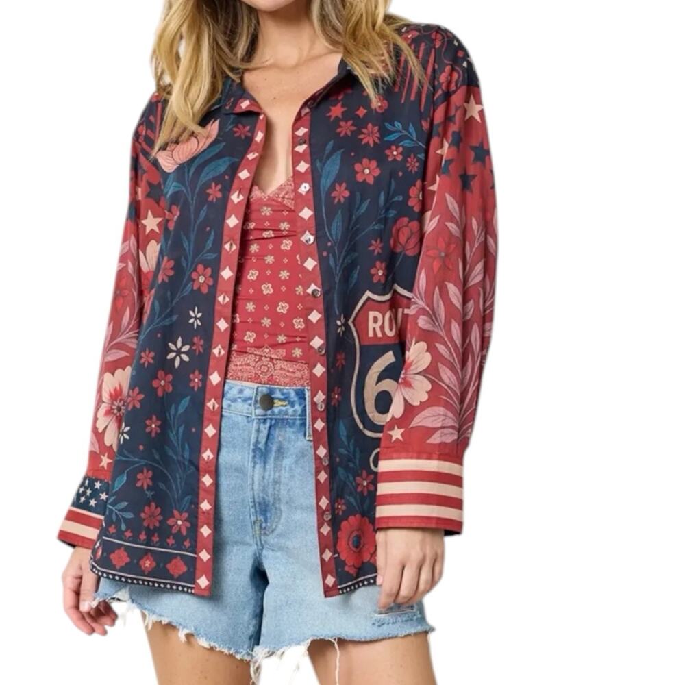 NWT Natural Life Barcelona Cotton Button Down Shirt Size XL American Flag USA